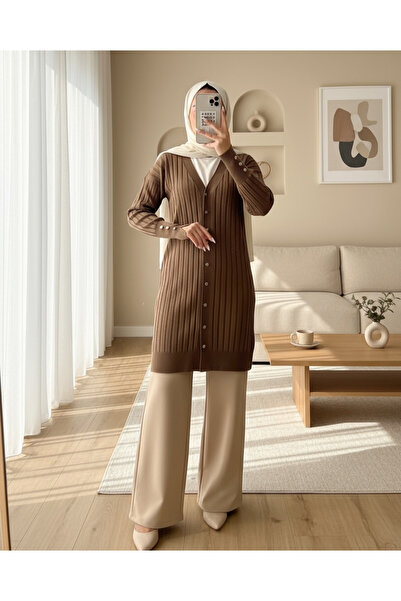 Modamorfo Brown Colored Metal Buttoned Slit Sweater Cardigan