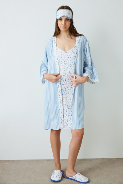 Penti Light Blue Lilah Striped Short Sleeve Dress with Tie Detail