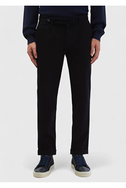 Ramsey Navy Blue Plain Woven Regular Fit Casual 100% Cotton Trousers