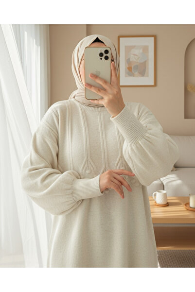 Modamorfo Round Neck Soft Knit Tunic with Stripe and Pom-Pom Detail - Ecru