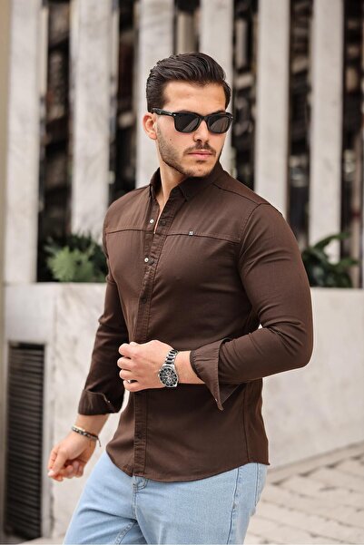 comstar Men's Basic Plain Slim Fit Long Sleeve Coffee Denim Shirt