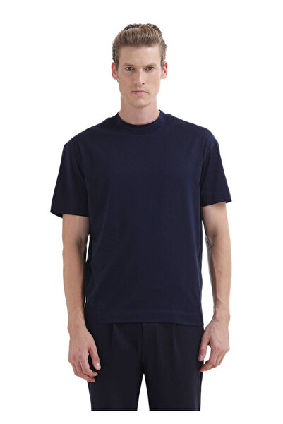 Ramsey Lacivert Düz Bisiklet Yaka %100 Pamuk T-Shirt