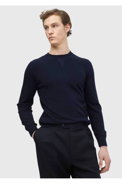 Ramsey Тъмносин пуловер с кръгло деколте, обикновена плетка от вълнена смес