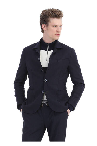 Ramsey Navy Blue Slim Fit Wool Blended Plain Shirt Jacket
