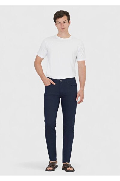 Ramsey Μπλε Navy Plain Woven Slim Fit Casual Παντελόνι από Βαμβακερό Μείγμα