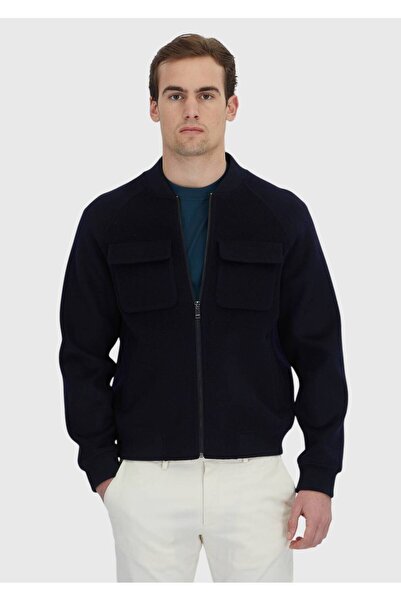 Ramsey Navy Blue Regular Fit Stand Collar Casual Woven Coat