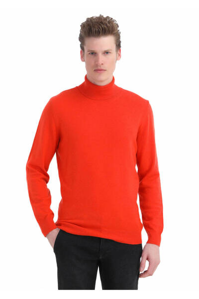 Ramsey Orange Full Turtleneck Jacquard Wool Blend Knitwear Sweater