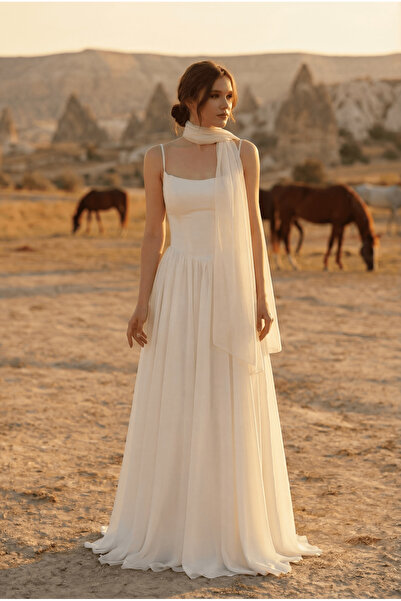 berissima bride Uzun Şifon Nikah Elbisesi, Şal Detaylı, Bohem Kloş Etek, Askılı Kayık Yaka, Helen Gelinlik, Roselina