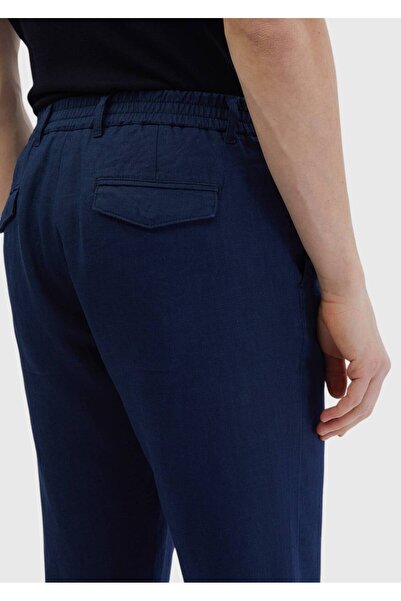 Ramsey Navy Blue Plain Woven Jogging Fit Casual 100% Linen Trousers