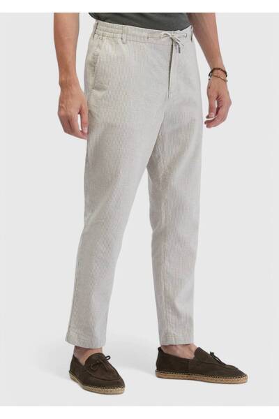 Ramsey Μπεζ ριγέ υφαντό Jogging Fit Casual βαμβακερό παντελόνι