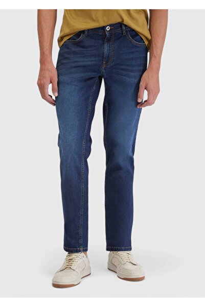 Ramsey Navy Blue Straight Slim Fit Denim Cotton Blended Trousers