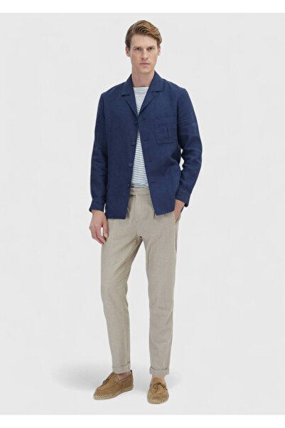 Ramsey Navy Blue Slim Fit Cotton Blended Plain Shirt Jacket