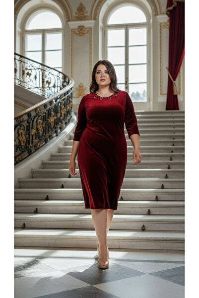 Nidya Moda Kadın Bordo Taş İşli Kadife Abiye Elbise 4072AB