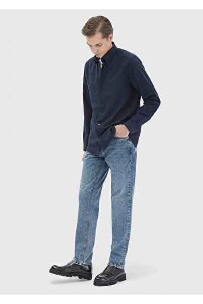 Ramsey Μπλε Navy ριγέ Casual Fit Woven Casual 100% βαμβακερό πουκάμισο