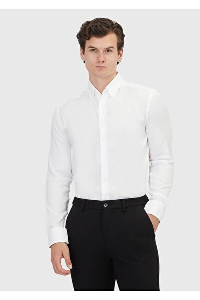 Ramsey Λευκό μονόχρωμο υφαντό κλασικό βαμβακερό πουκάμισο με κανονική εφαρμογή
