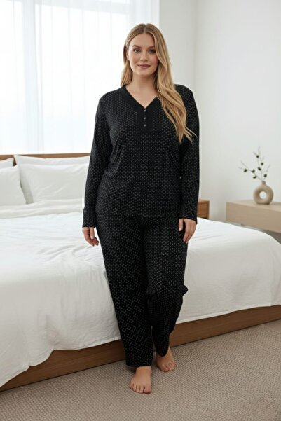 Temporium Women's Large Size Black Polka Dot Patterned Buttoned Collar Long Sleeve Bamboo Pajama Set