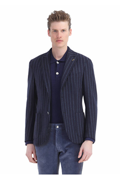 Ramsey Navy Blue Striped Slim Fit Knitted Jacket - Wool Blended