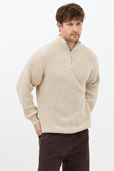 COOL TARZ Mink Men's Oversize Zippered Fisherman Knitwear Sweater