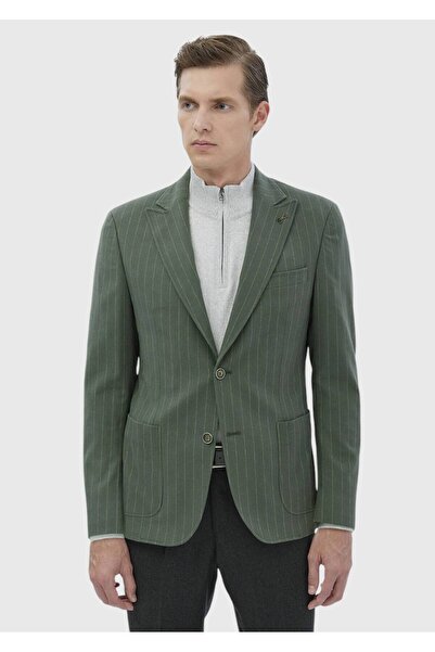 Ramsey Light Green Striped Zeroweight Slim Fit Cotton Blended Jacket