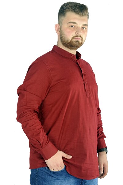 ModeXL Men's Linen Lycra Shirt - Plus Size, High Collar, Claret Red 20388