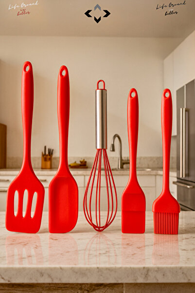 LİGROUND 5-Piece Heat Resistant 100% Silicone Spatula Kitchen Utensil Set Brush Wire Whisk Kitchen Utensils