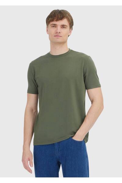 Ramsey Khaki Plain Crew Neck Cotton Blend T-Shirt