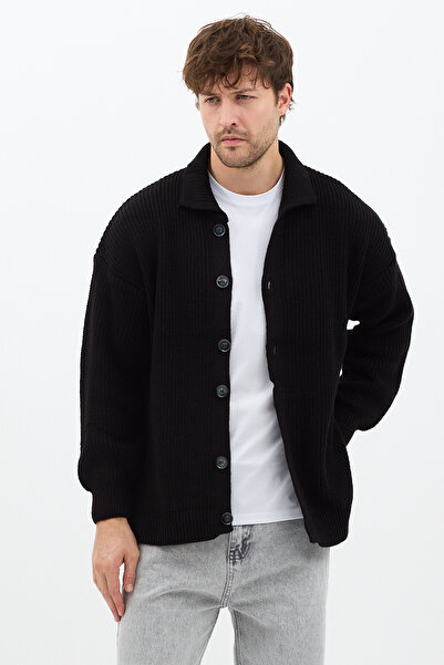 COOL TARZ Men's Black Button Detailed Shirt Collar Regular Fit Knitwear Cardigan