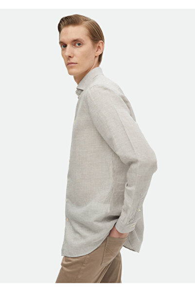 Ramsey Ανθρακί ριγέ λινό πουκάμισο με κανονική εφαρμογή