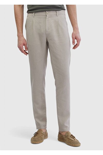 Ramsey Beige Plain Woven Jogging Fit Casual 100% Linen Trousers