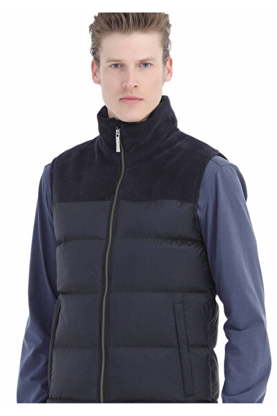 Ramsey Navy Blue Regular Fit Stand Collar Casual Woven Sports Vest