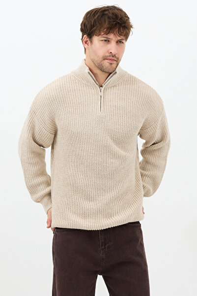 COOL TARZ Mink Men's Oversize Zippered Fisherman Knitwear Sweater