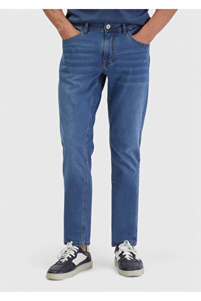 Ramsey Blue Straight Slim Fit Denim Cotton Blended Trousers