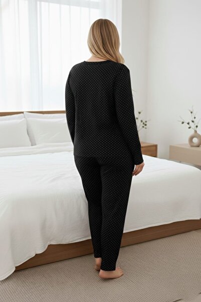 Temporium Women's Large Size Black Polka Dot Patterned Buttoned Collar Long Sleeve Bamboo Pajama Set