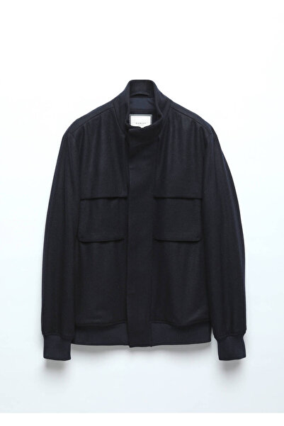 Ramsey Navy Blue Regular Fit Stand Collar Casual Woven Coat