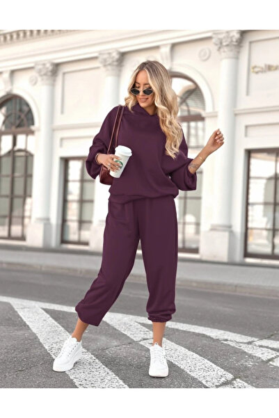 Butik Women's long sleeve hooded viscose two-thread blouse and pants two-piece set