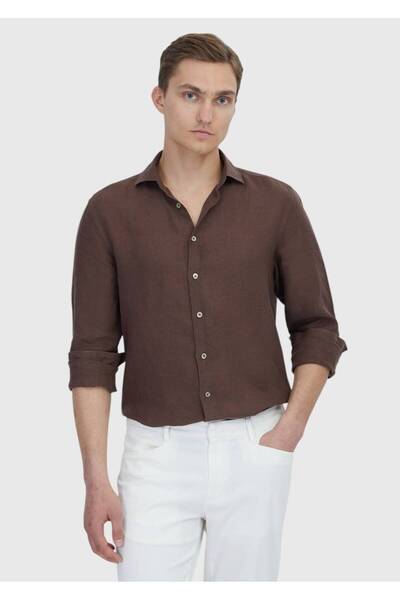Ramsey Brown Plain Casual Fit Woven Casual 100% Linen Shirt
