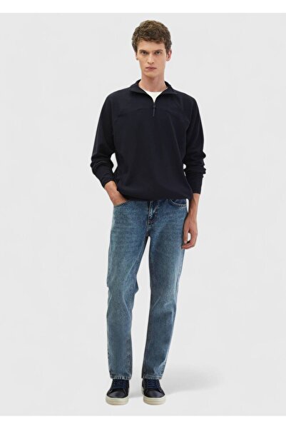 Ramsey Navy Blue Stand Collar Plain Sweatshirt