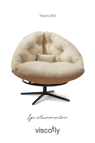 Viscofly Triaxis 360° Döner Berjer –tekli Koltuk - 92×78×92 cm, Metal Ayak, Silinebilir Kumaş Krem