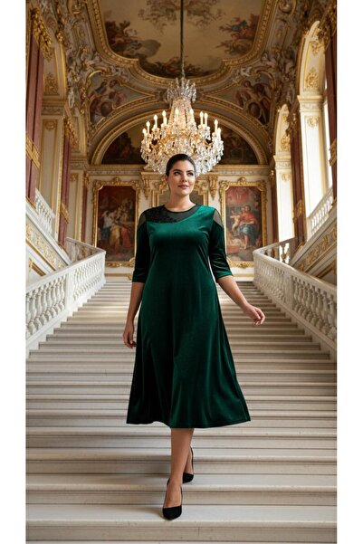 Nidya Moda Büyük Beden Tül Motifli Yeşil Kadife Abiye Elbise 4123y