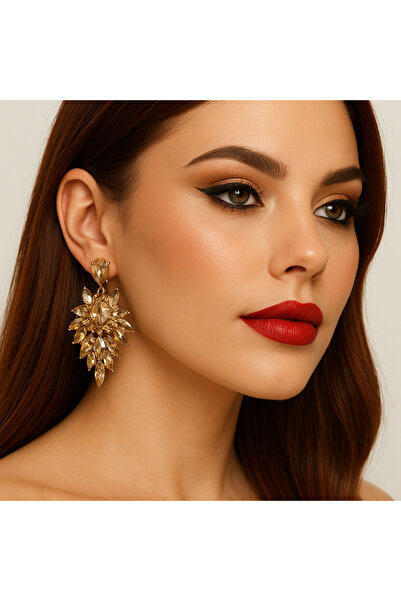 sezon accessories Sallantılı Bal Sarısı Taşlı Büyük Abiye Küpe