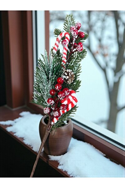 Happyland Christmas Ornament 1 Piece Long Stem 65 cm Snowy Candy Cane Kokina Berry Cherry Branch Hpy26071