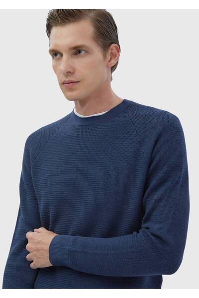 Ramsey Dark Indigo Crew Neck Jacquard Wool Blend Sweater