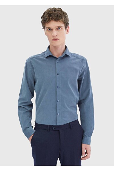 Ramsey Μπλε ίσιο πουκάμισο Casual Fit Woven Velvet Casual 100% βαμβάκι