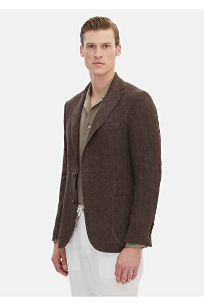 Ramsey Brown Patterned Shirt Shoulder Slim Fit 100% Linen Jacket