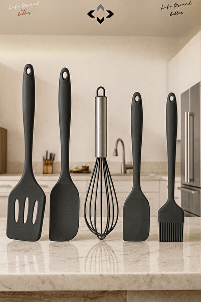 LİGROUND 5-Piece Heat Resistant 100% Silicone Spatula Kitchen Utensil Set Brush Wire Whisk Kitchen Utensils