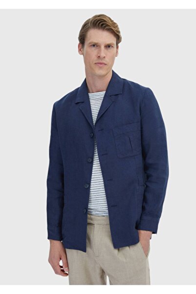 Ramsey Navy Blue Slim Fit Cotton Blended Plain Shirt Jacket