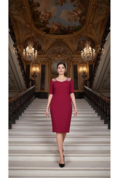 Nidya Moda Büyük Beden Kadın Fuşya Omuz Taşlı Şeritli Abiye Elbise-4155af