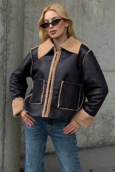 VAGGON Women's Dark Brown Double Pocket Faux Fur Lined Faux Leather Biker Jacket Prm0408