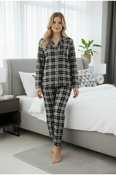 Bravie Luxury Viscose Navy Blue Plaid Patterned Women's Long Sleeve Pajama Set – 42536