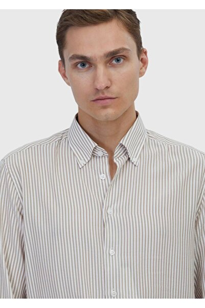 Ramsey Μπεζ ριγέ υφαντό πουκάμισο casual εφαρμογής casual